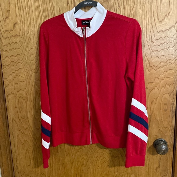 Younique Large Red with blue and white stripes Jacket Poly Rayon Spandex - Picture 1 of 7